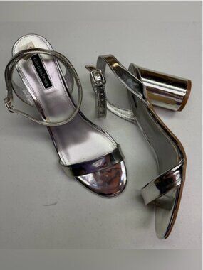 Town Shoes Danielle Silver Metallic Block Heel Sandal Size 38 / US 7.5 Fall Sale